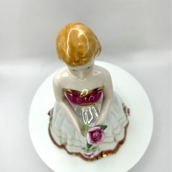 Vintage Porcelain Luster Girl Figurine, Ball Gown with Rose Details - Picture 9 of 10